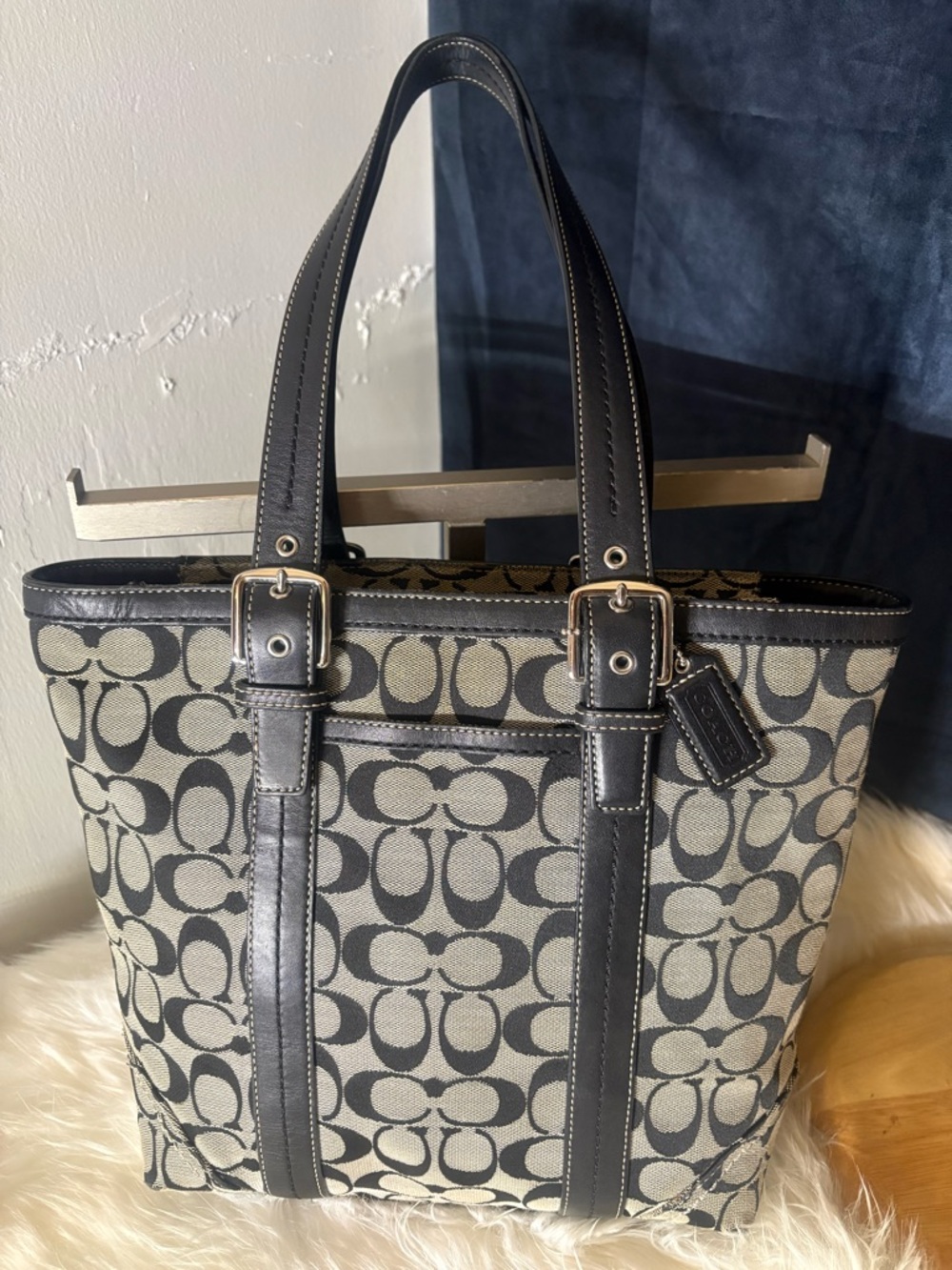 Coach Black and Cream Signature Canvas Tote